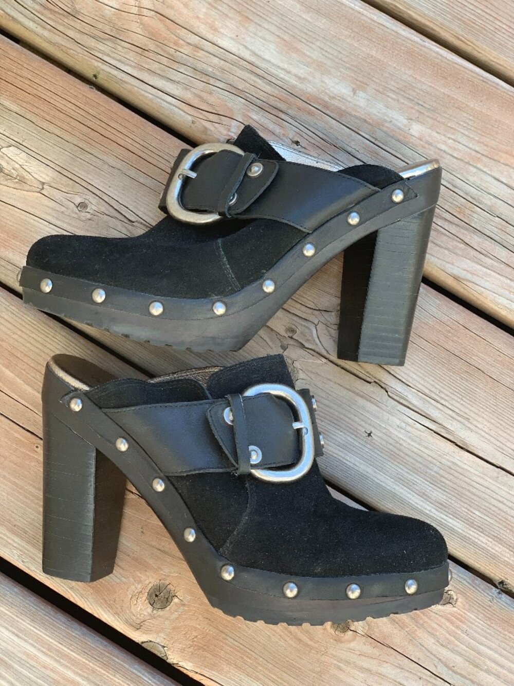 Vtg Y2K Platform Clogs 9 Black Suede Silver Buckle Studded Block Heel Retro Boho
